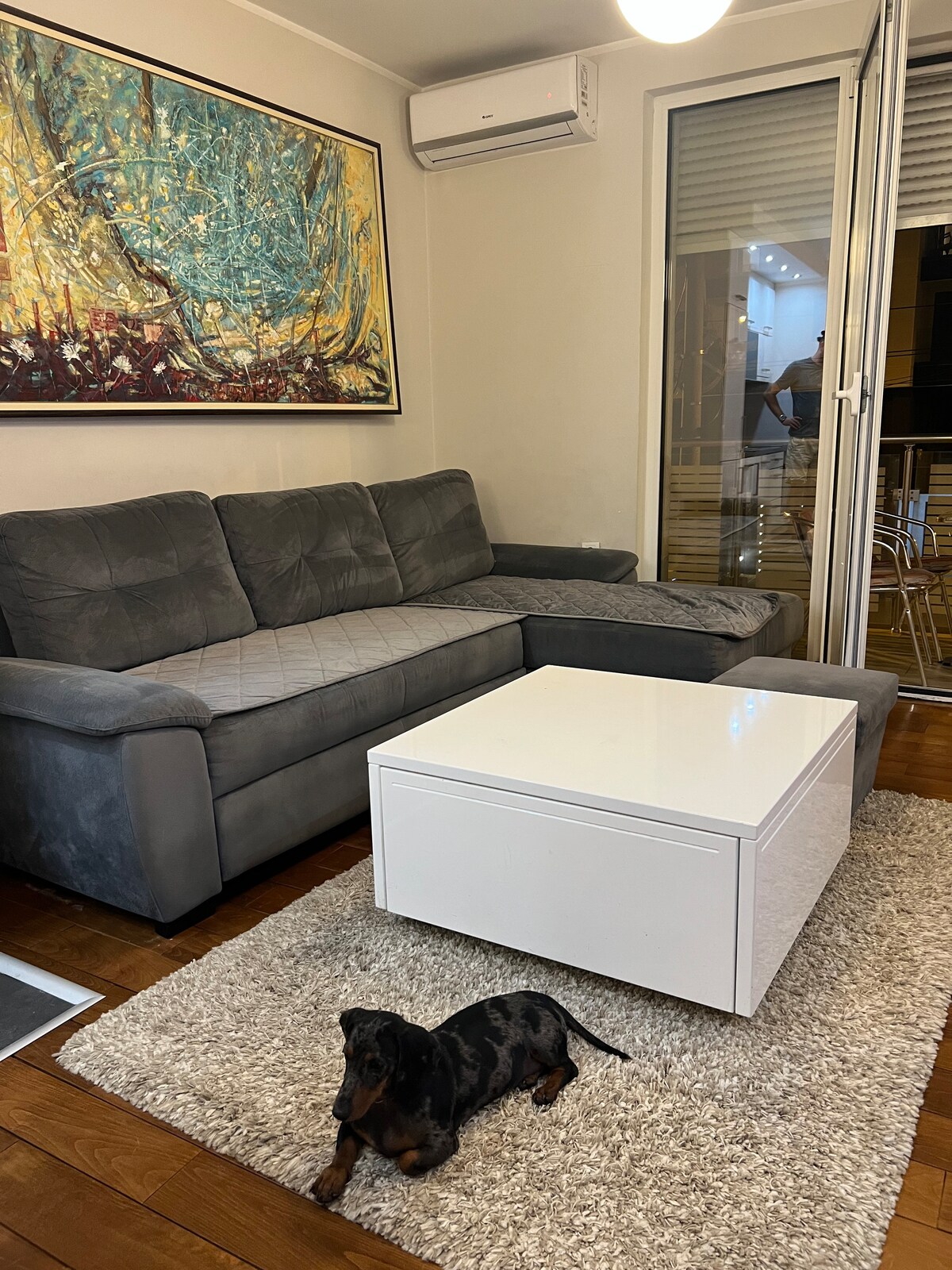 Living room from another angle with the sofa and balcony doors
