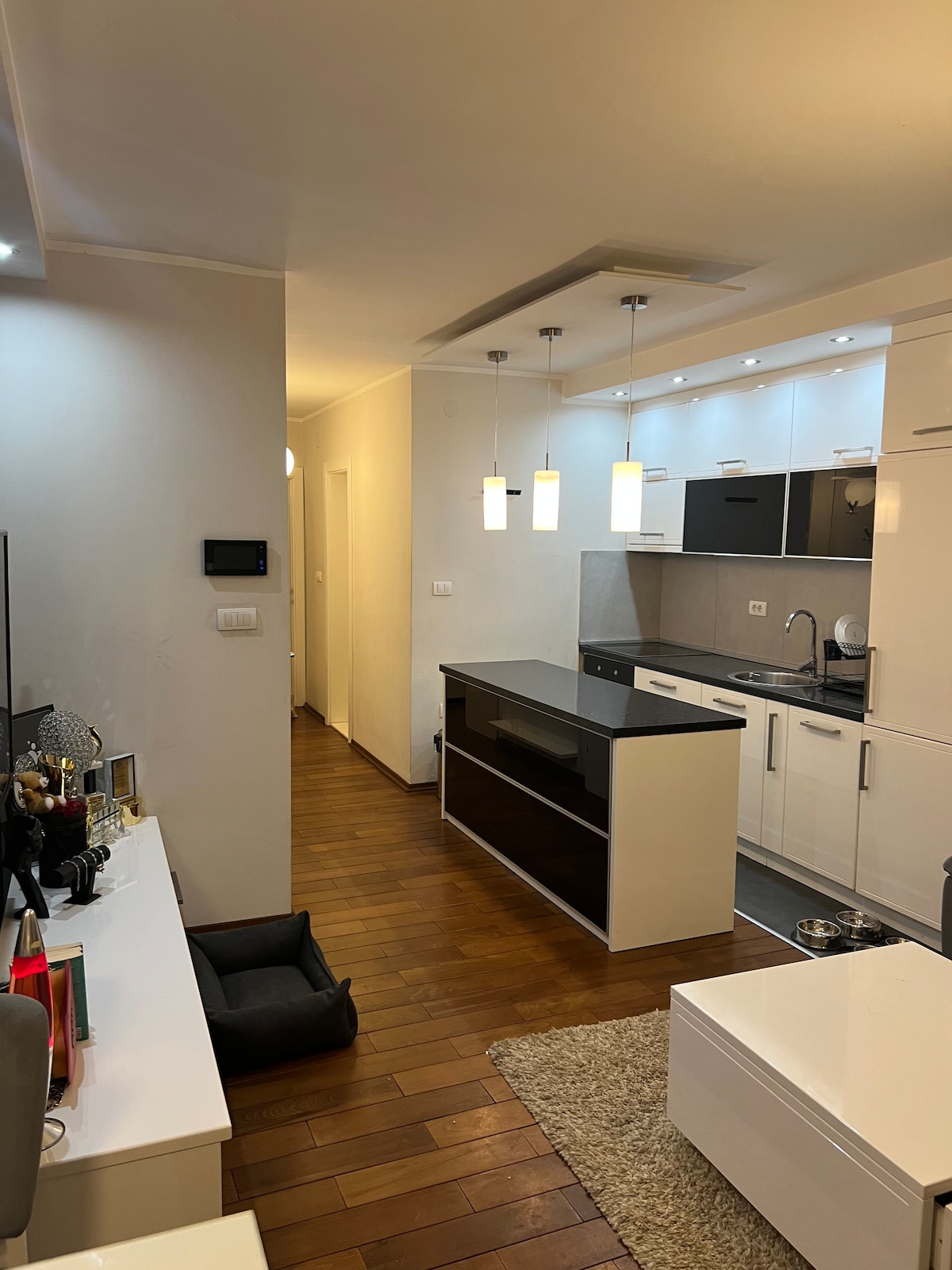 Stylish open-plan living space with a bar-height kitchen island, dining area and living room