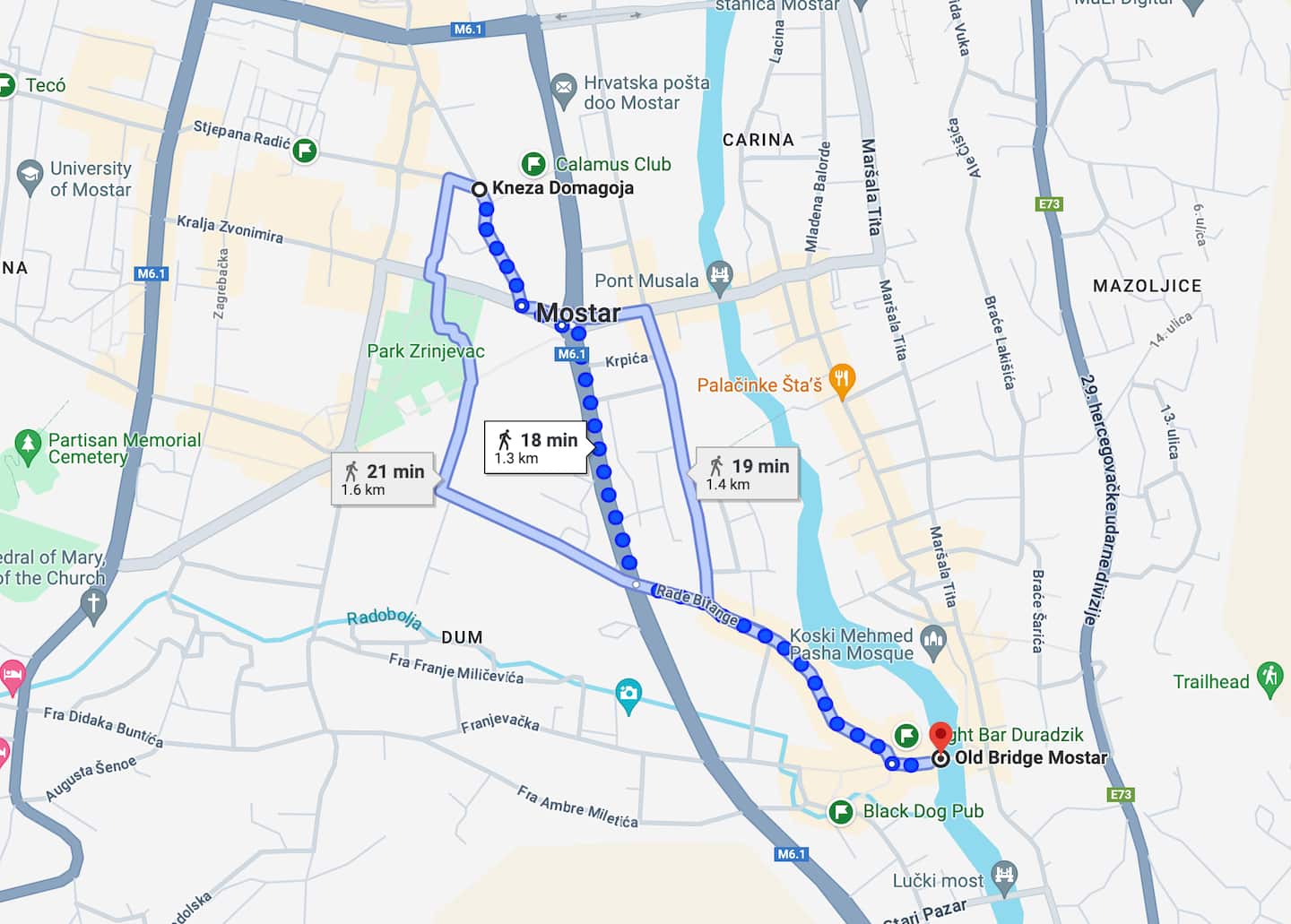 Walking route from the apartment to the Old Bridge, about 15 minutes
