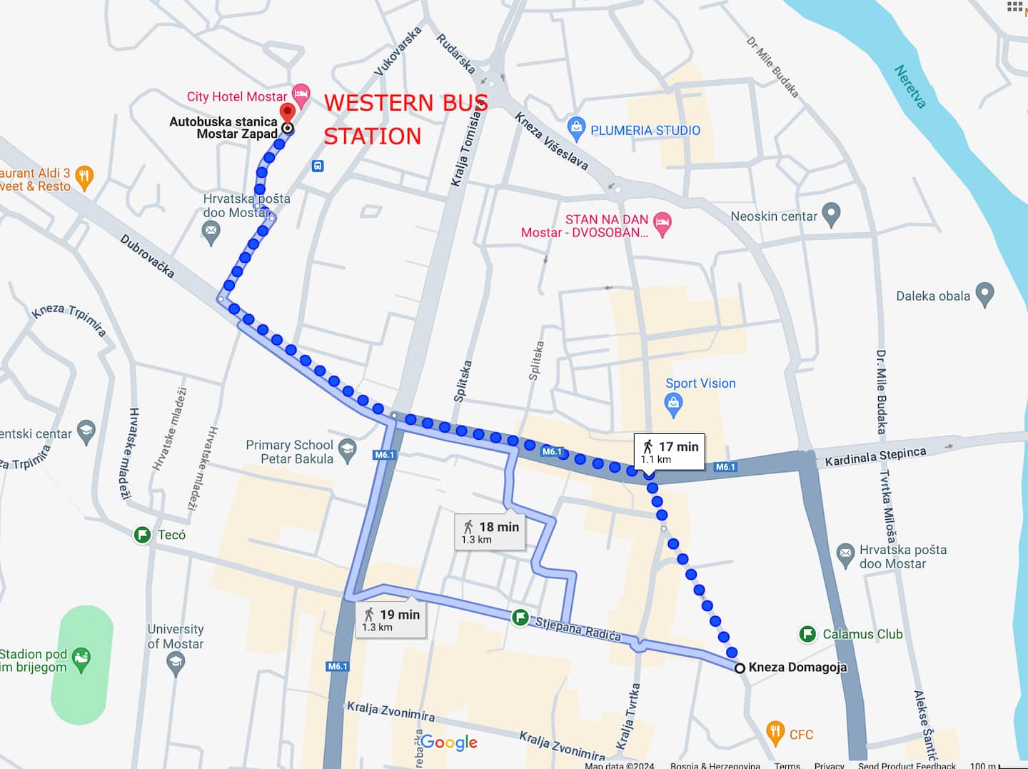 Walking route from the apartment to the West Bus Station (Mostar Zapad), about 17 minutes